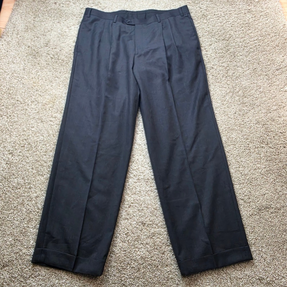 Tasso Elba Dress Pants Mens 38x29 Black Herringbone Pleated Cuffed Wool Trouser
